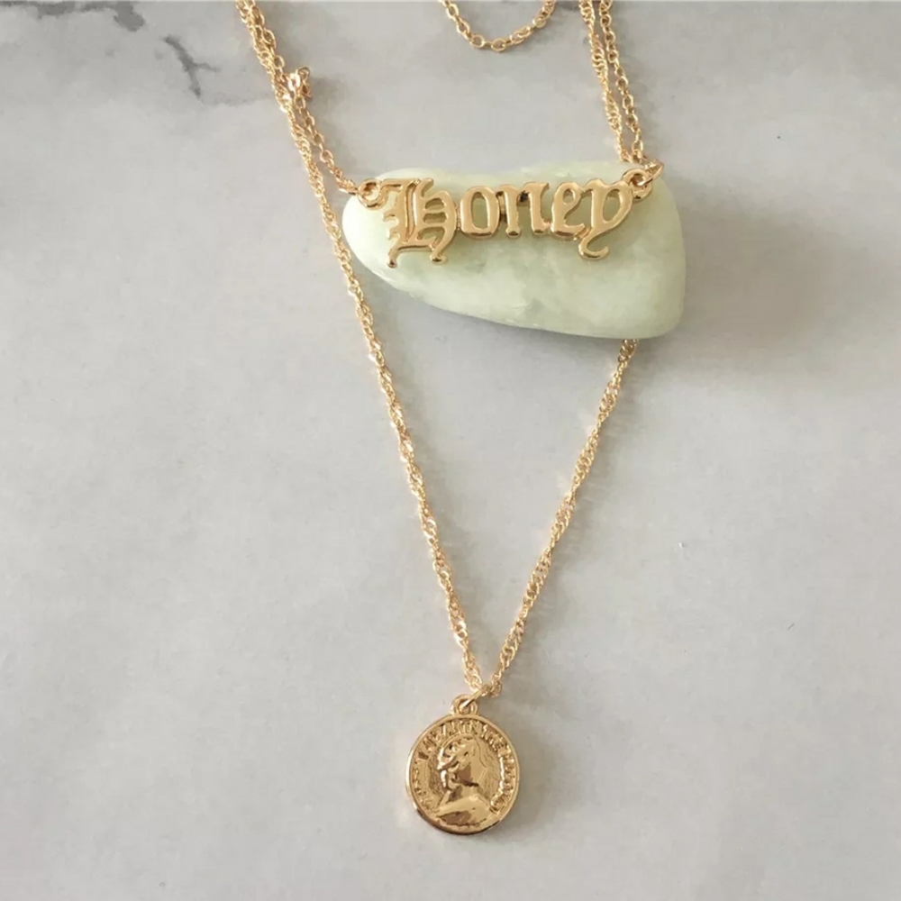 Gold HONEY Old English Word Pendant Necklace